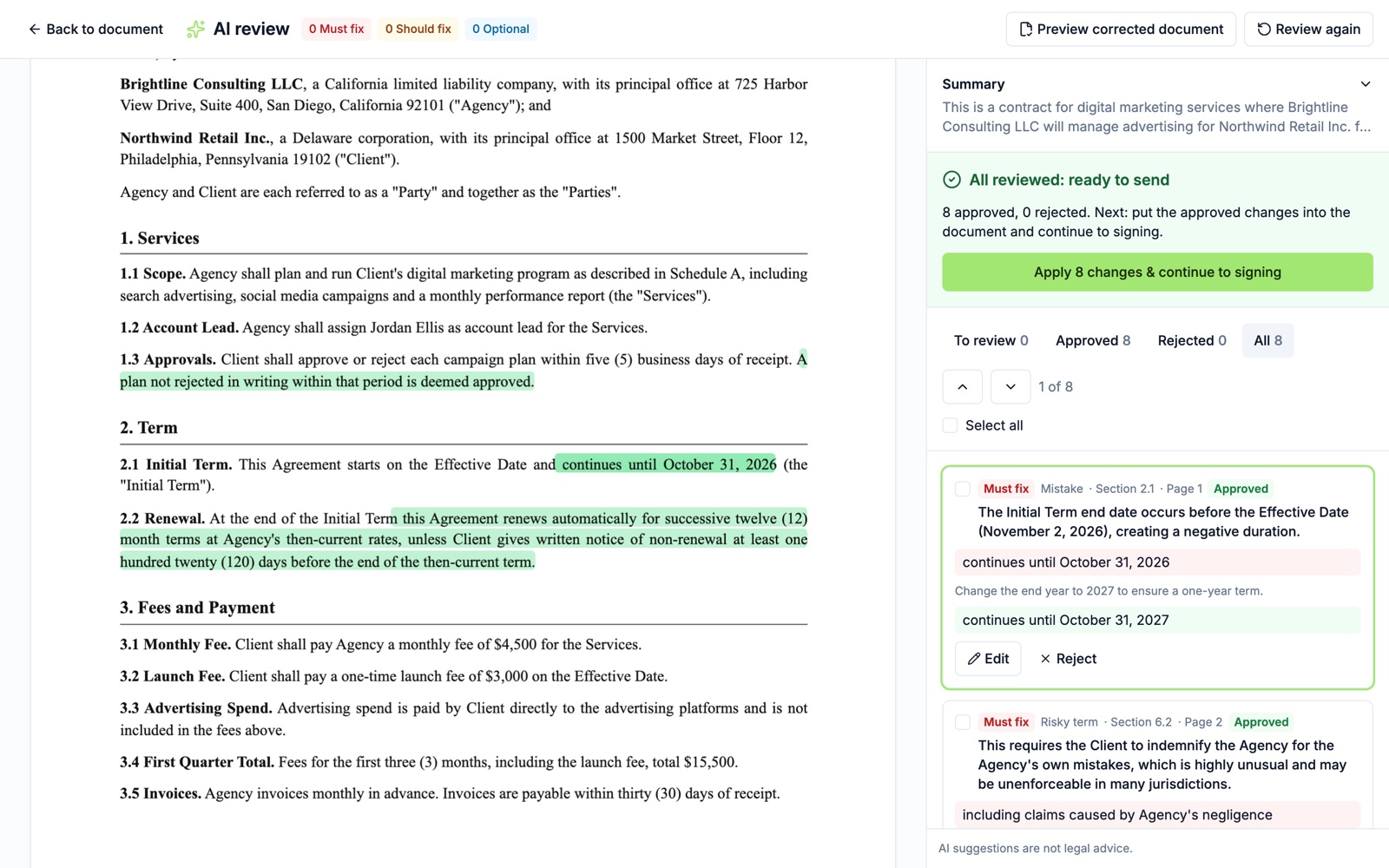 All reviewed: ready to send, with approved text in green