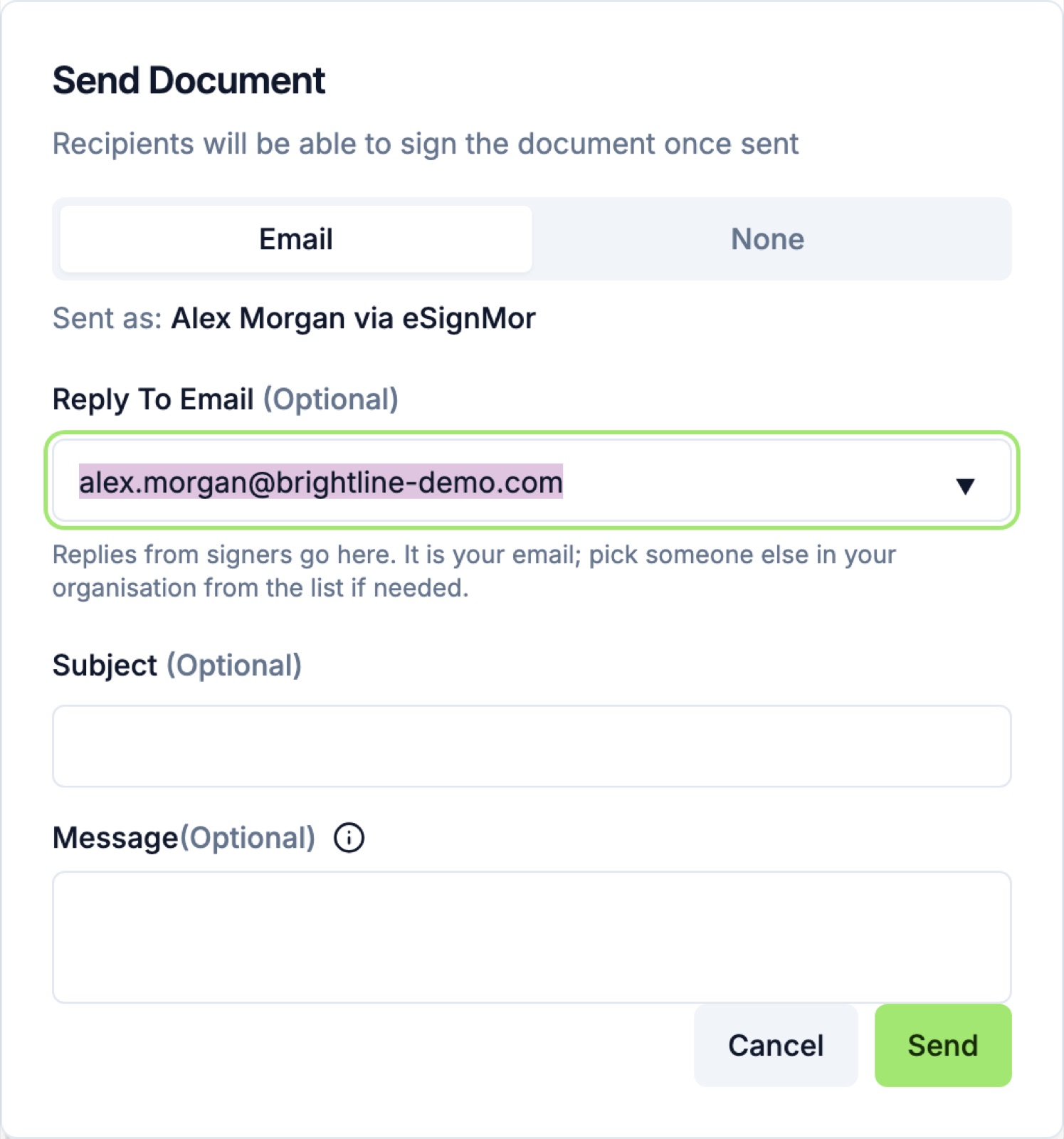 Send Document dialog showing Sent as and Reply To