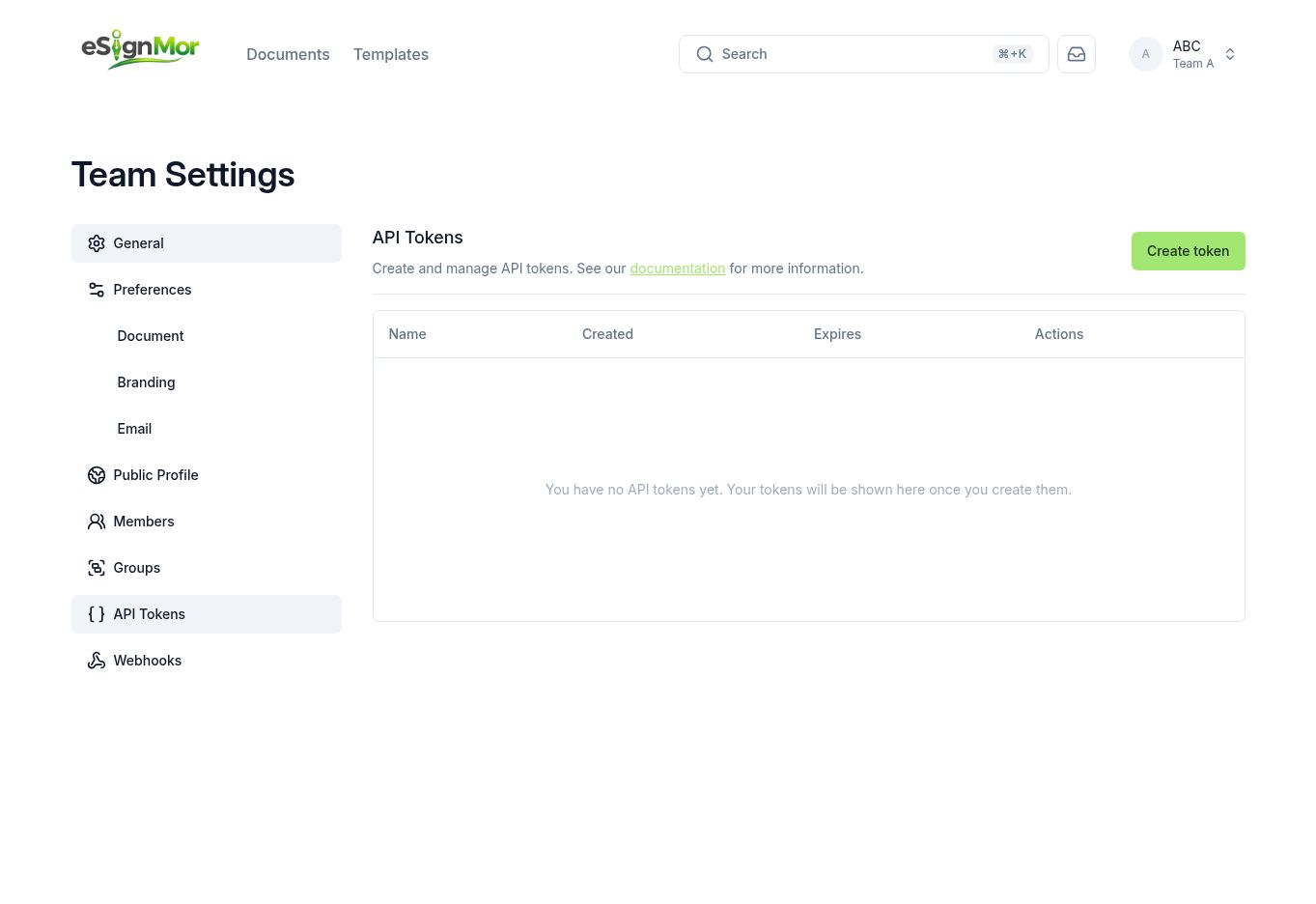 API tokens list
