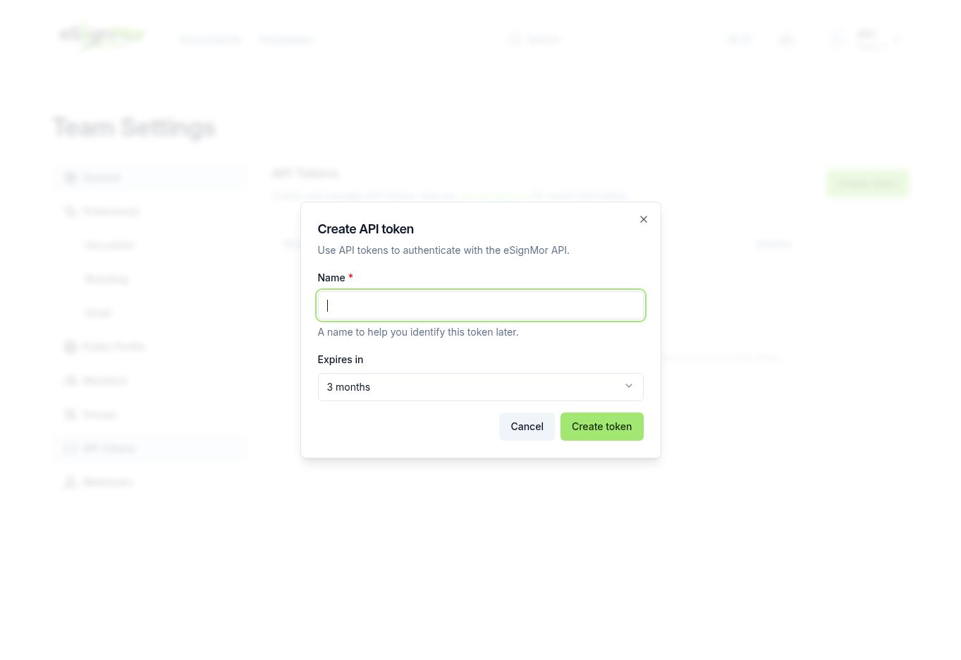 Create API token dialog