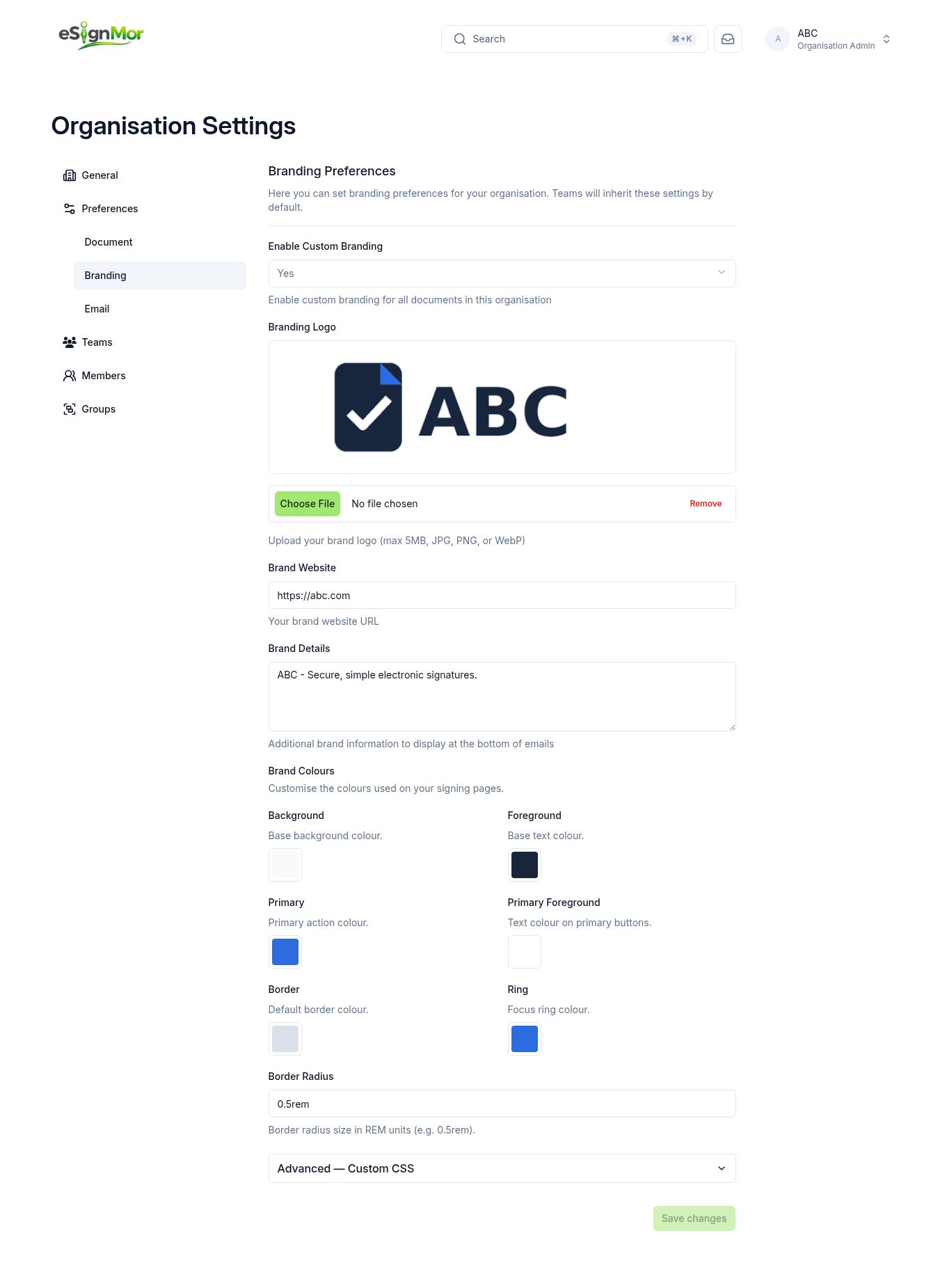 Organisation Branding settings