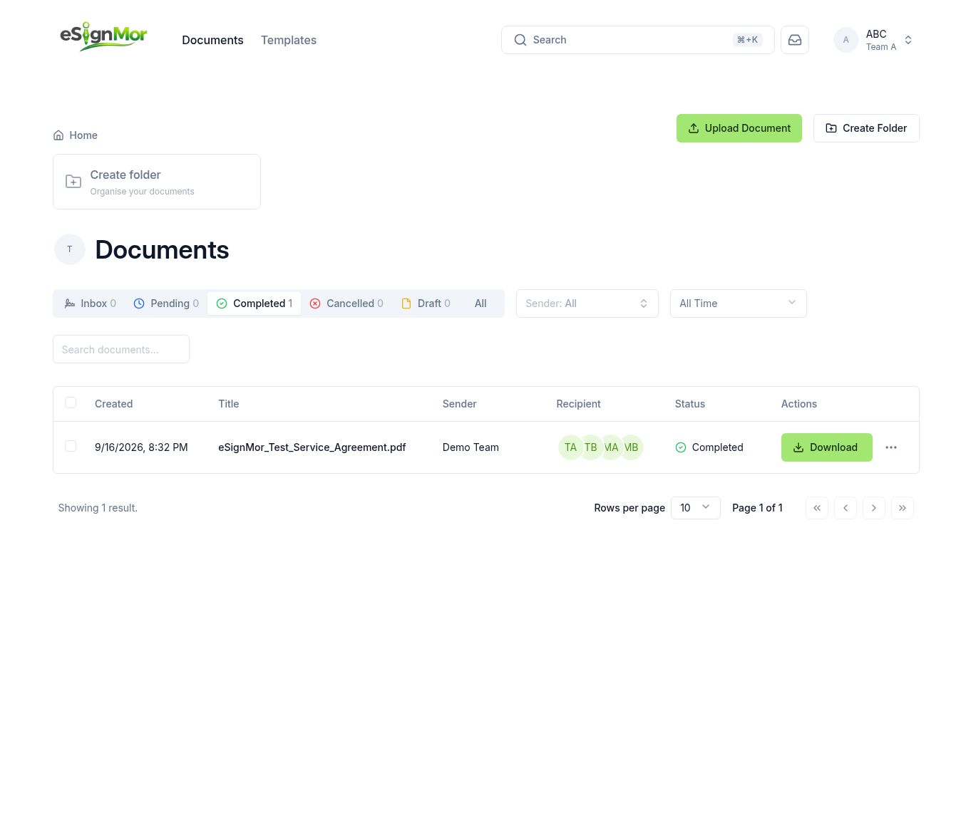 Completed documents list in eSignMor