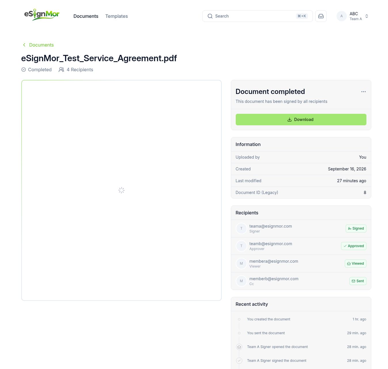 Completed recipient statuses and recent activity