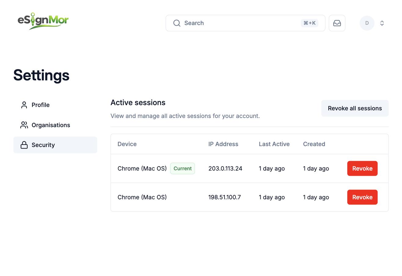 Recent security activity and active sessions