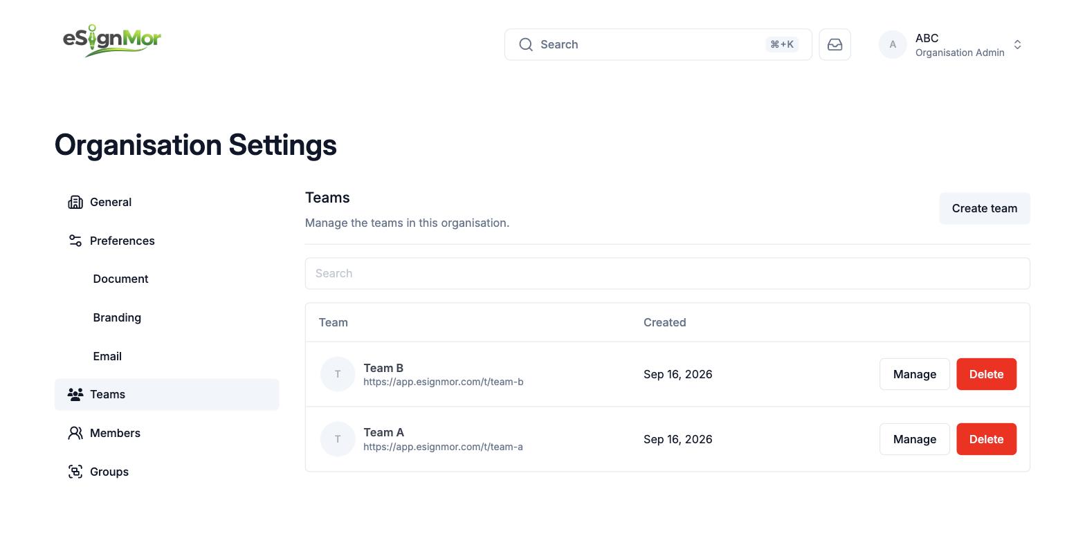 Organisation Teams page