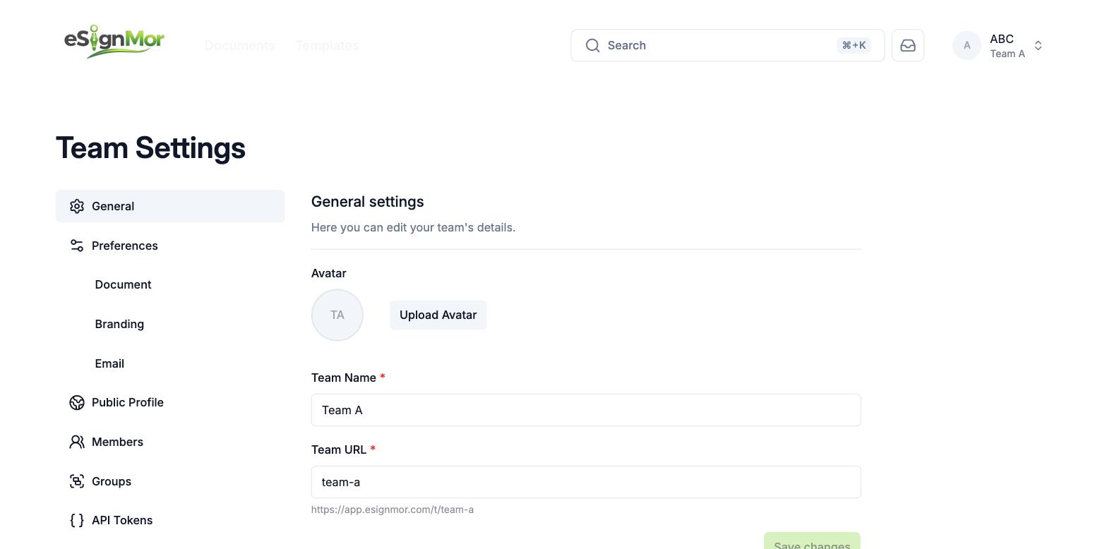 Team settings navigation