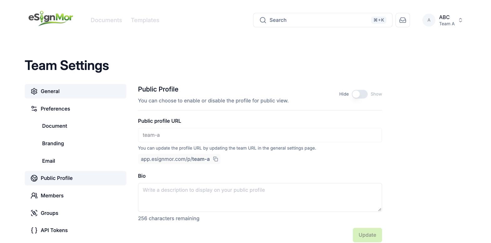 Team public profile settings