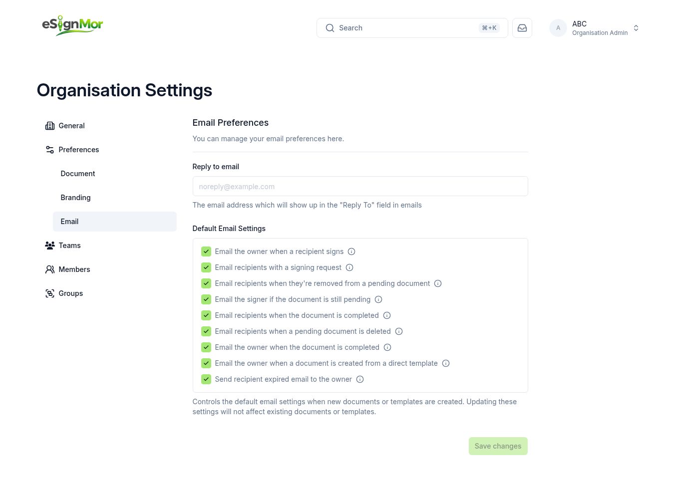 Organisation Email settings