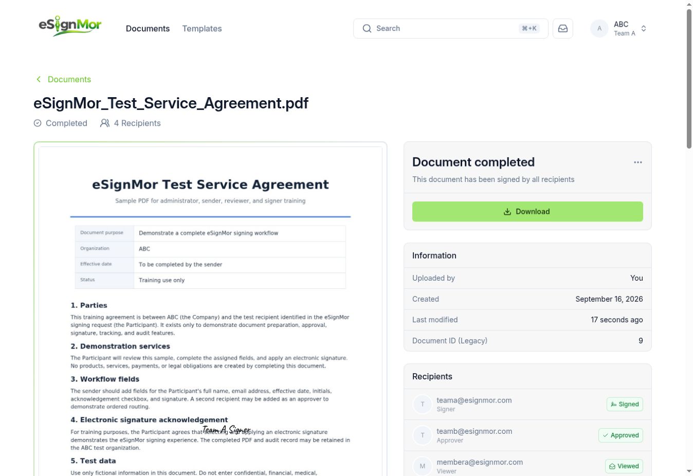 Document activity history in eSignMor