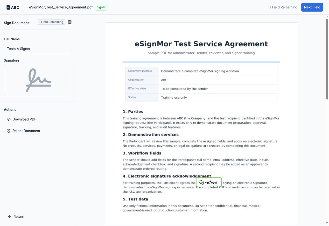 Document open for signing with pending fields