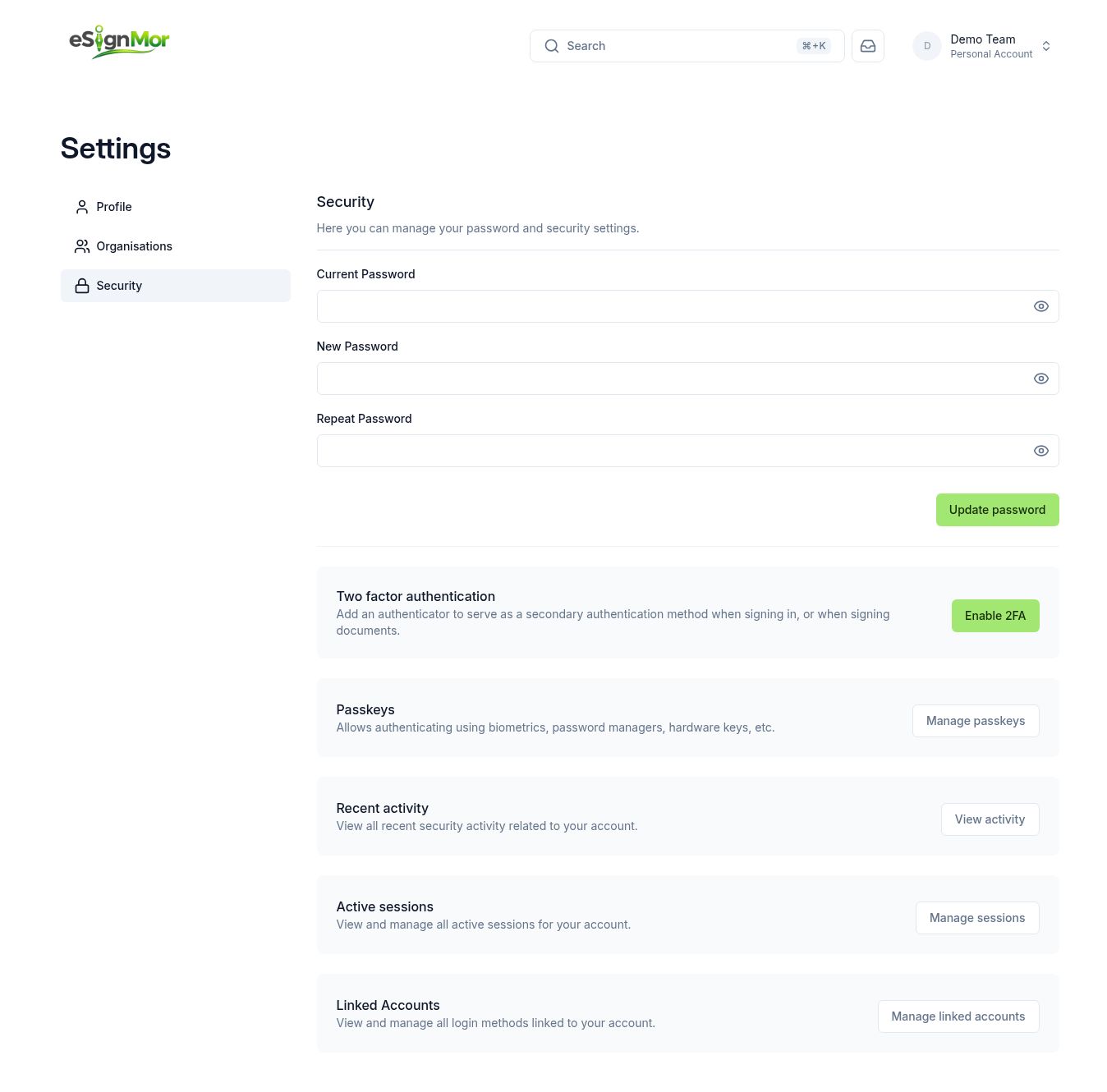 eSignMor password and two-factor authentication settings