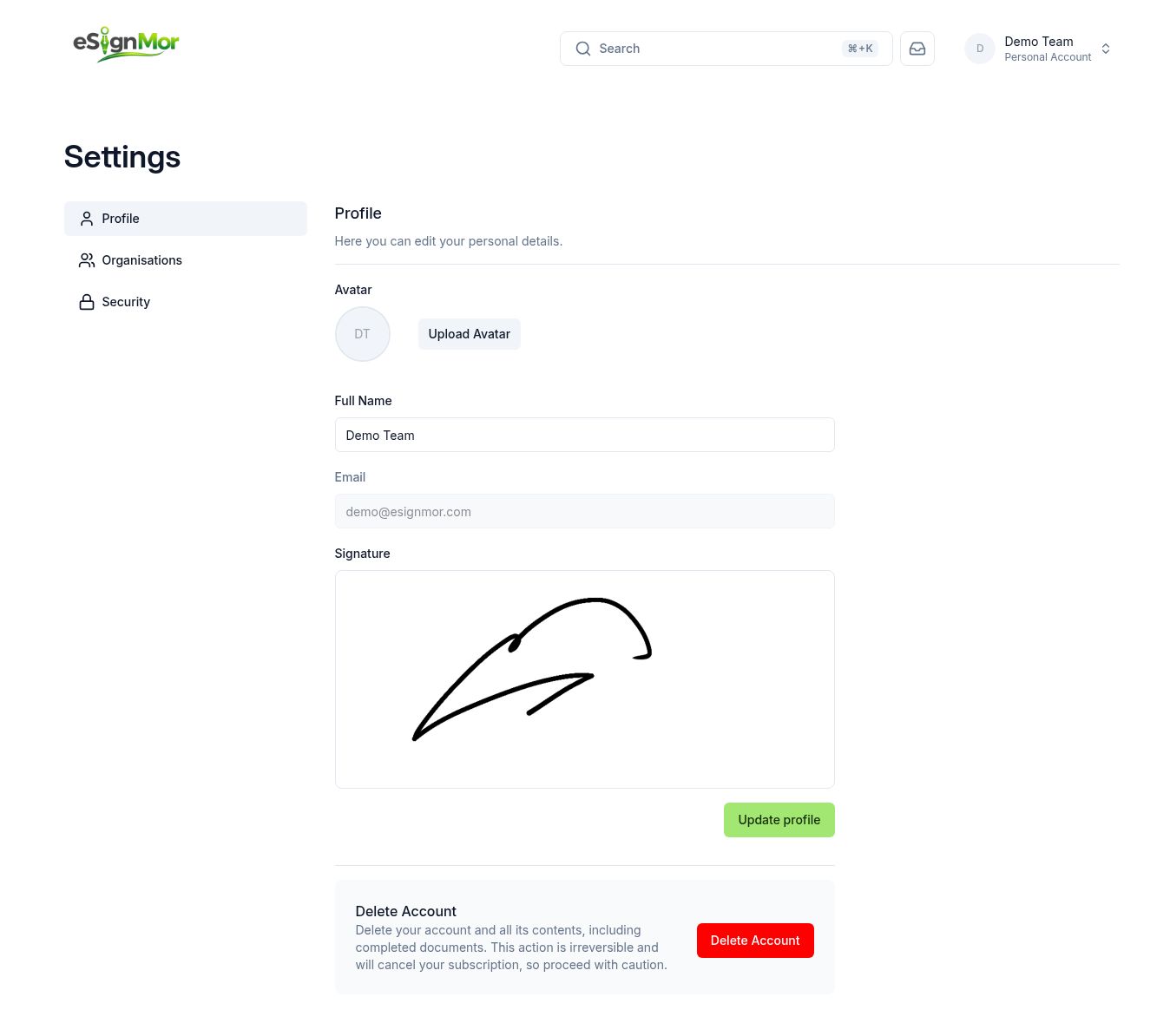 eSignMor Profile settings