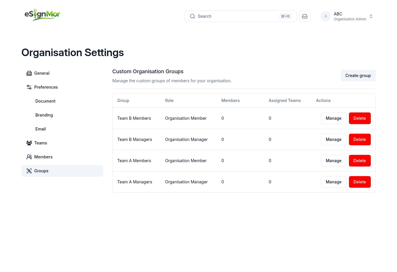 eSignMor Organisation Groups page