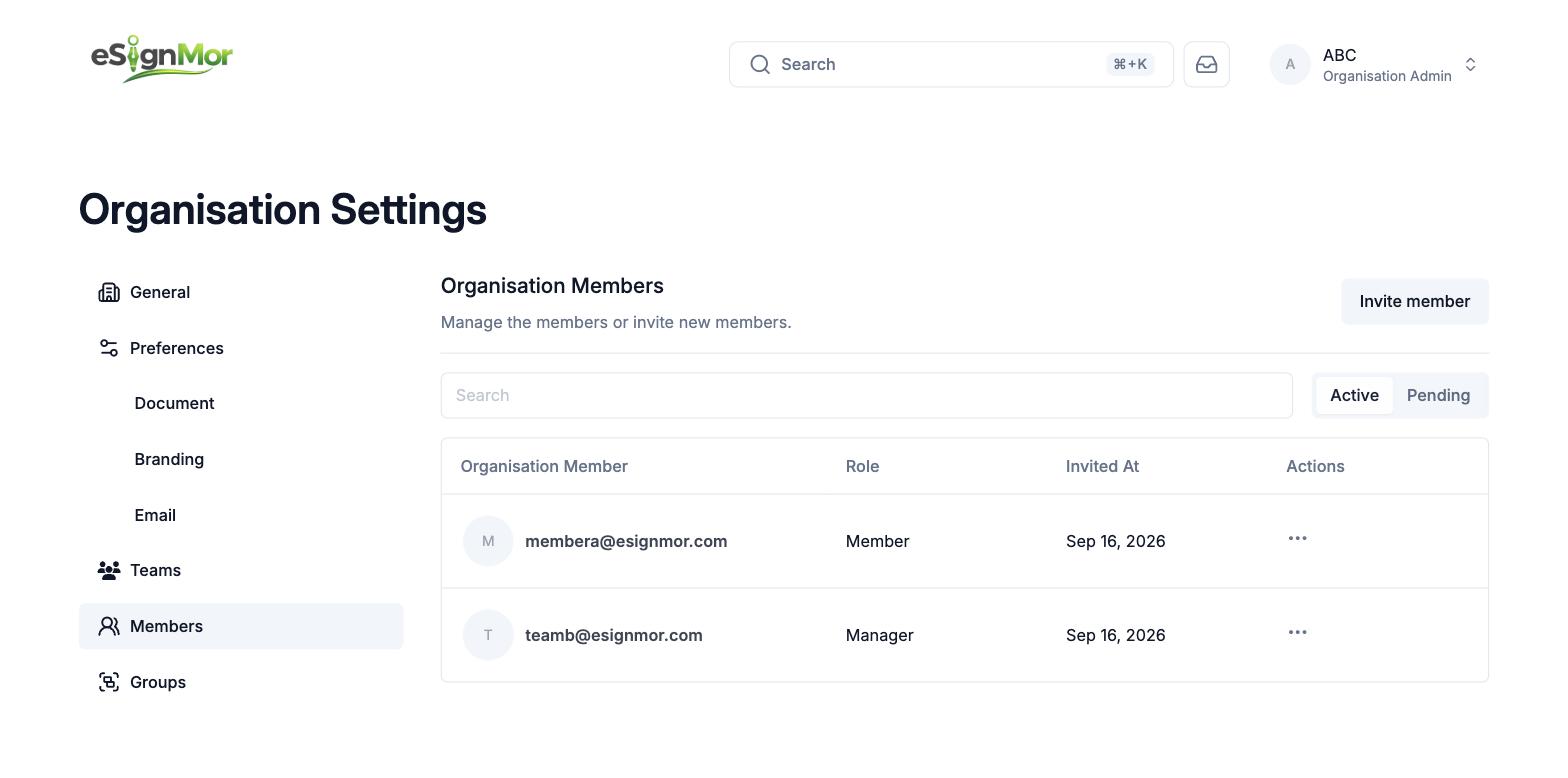 Active and pending organisation members