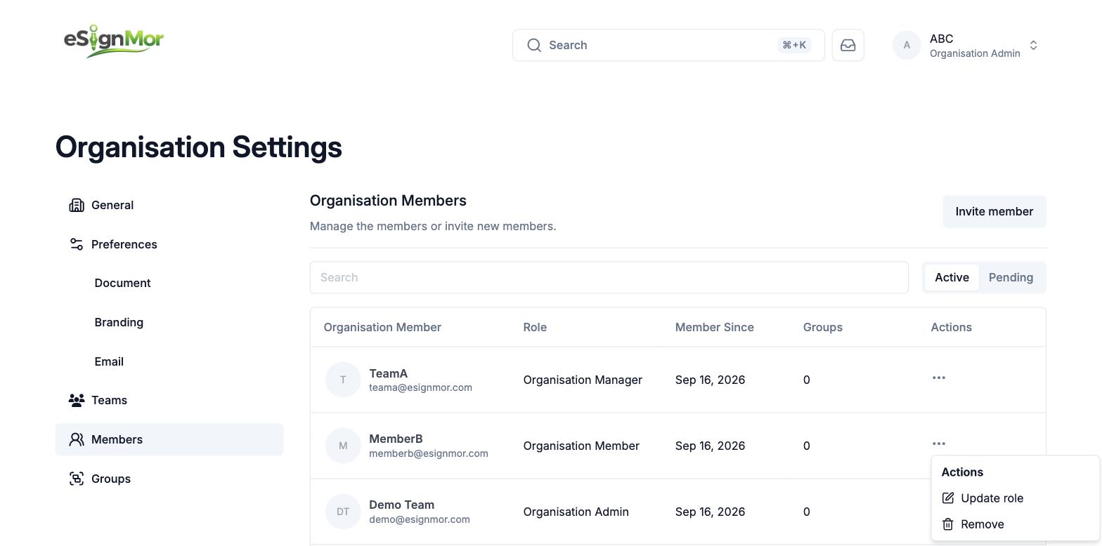 Organisation member management menu