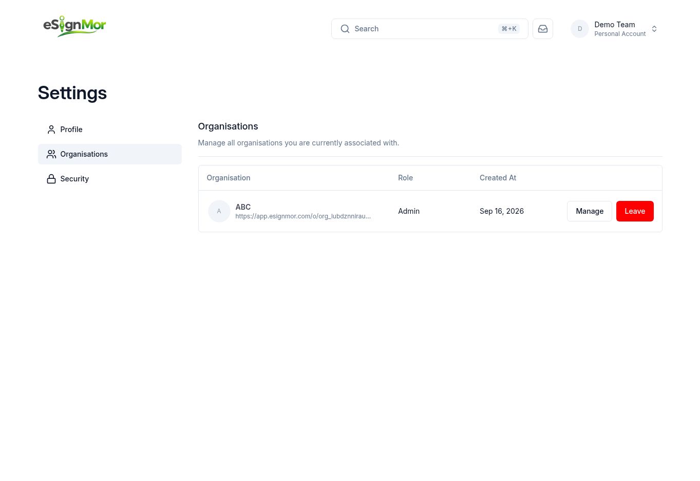 Create Organisation option in eSignMor