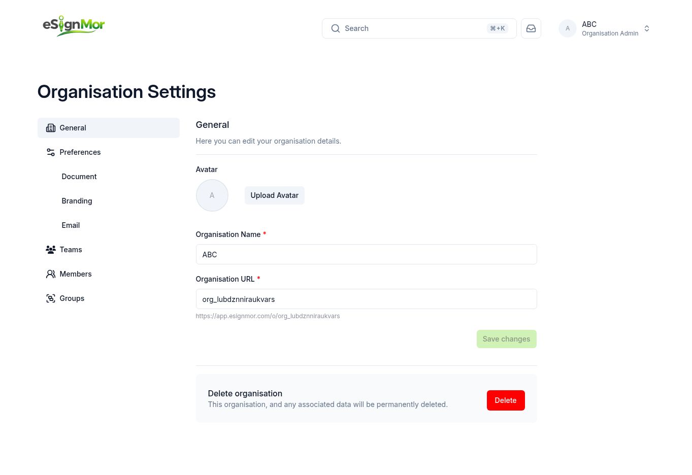 Organisation settings navigation
