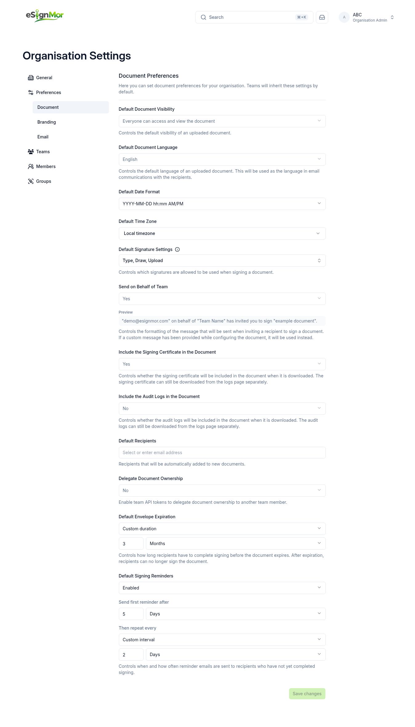 Organisation document defaults