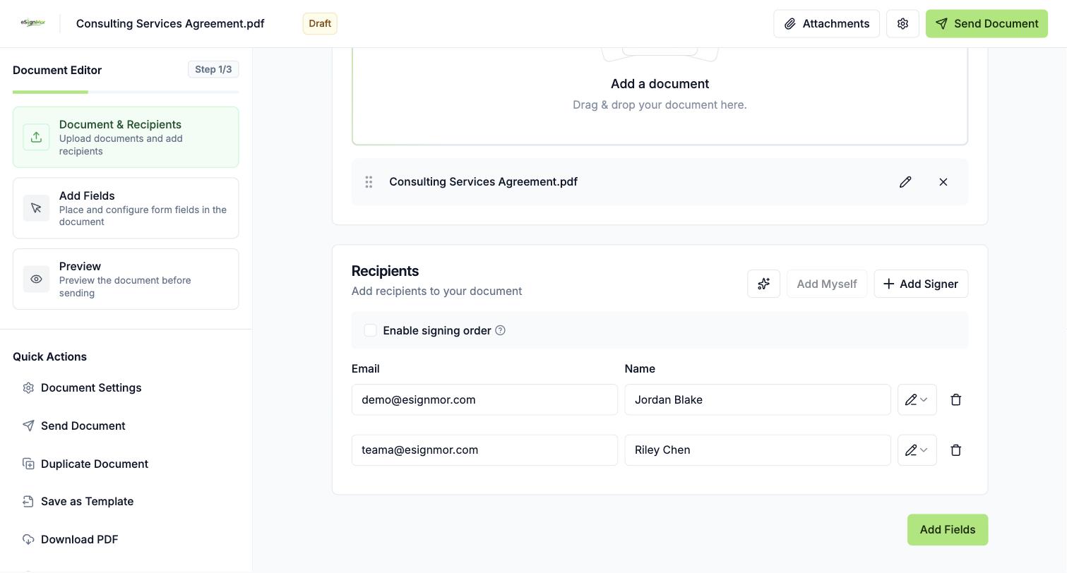 Recipient name and email fields