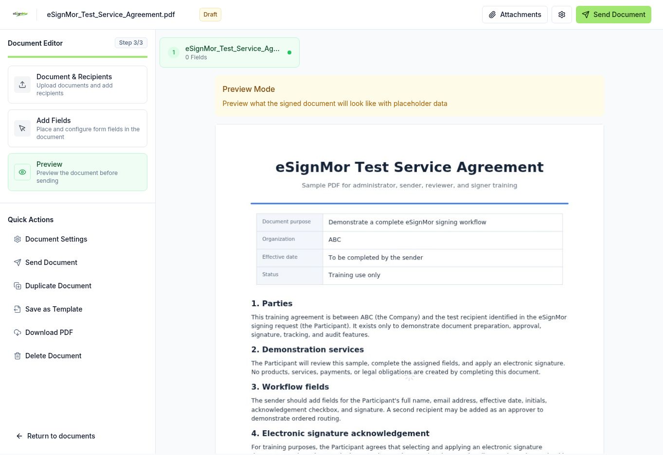 eSignMor document preview screen