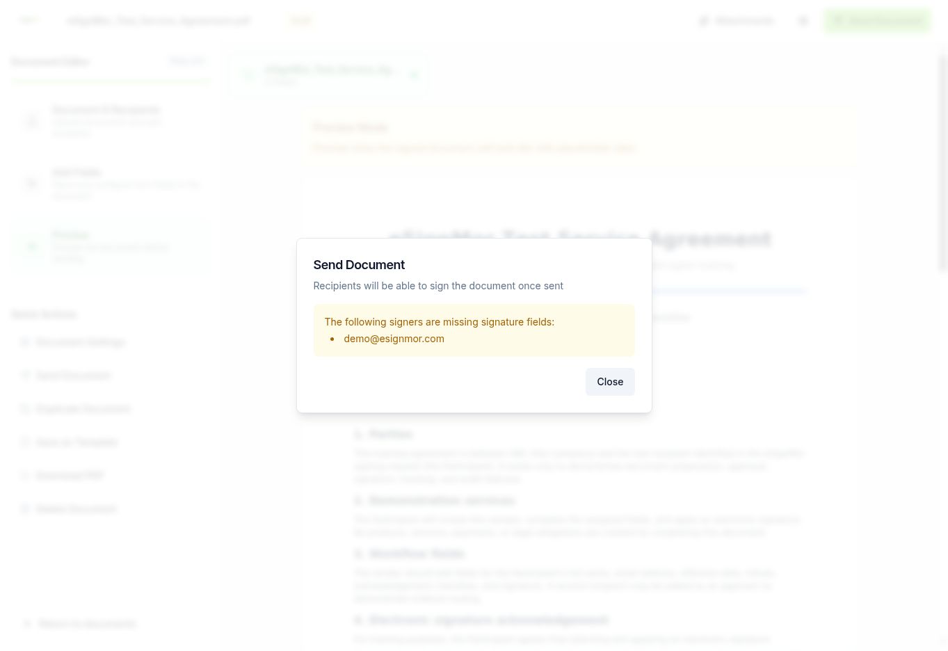 Validation message when a recipient has no signature field