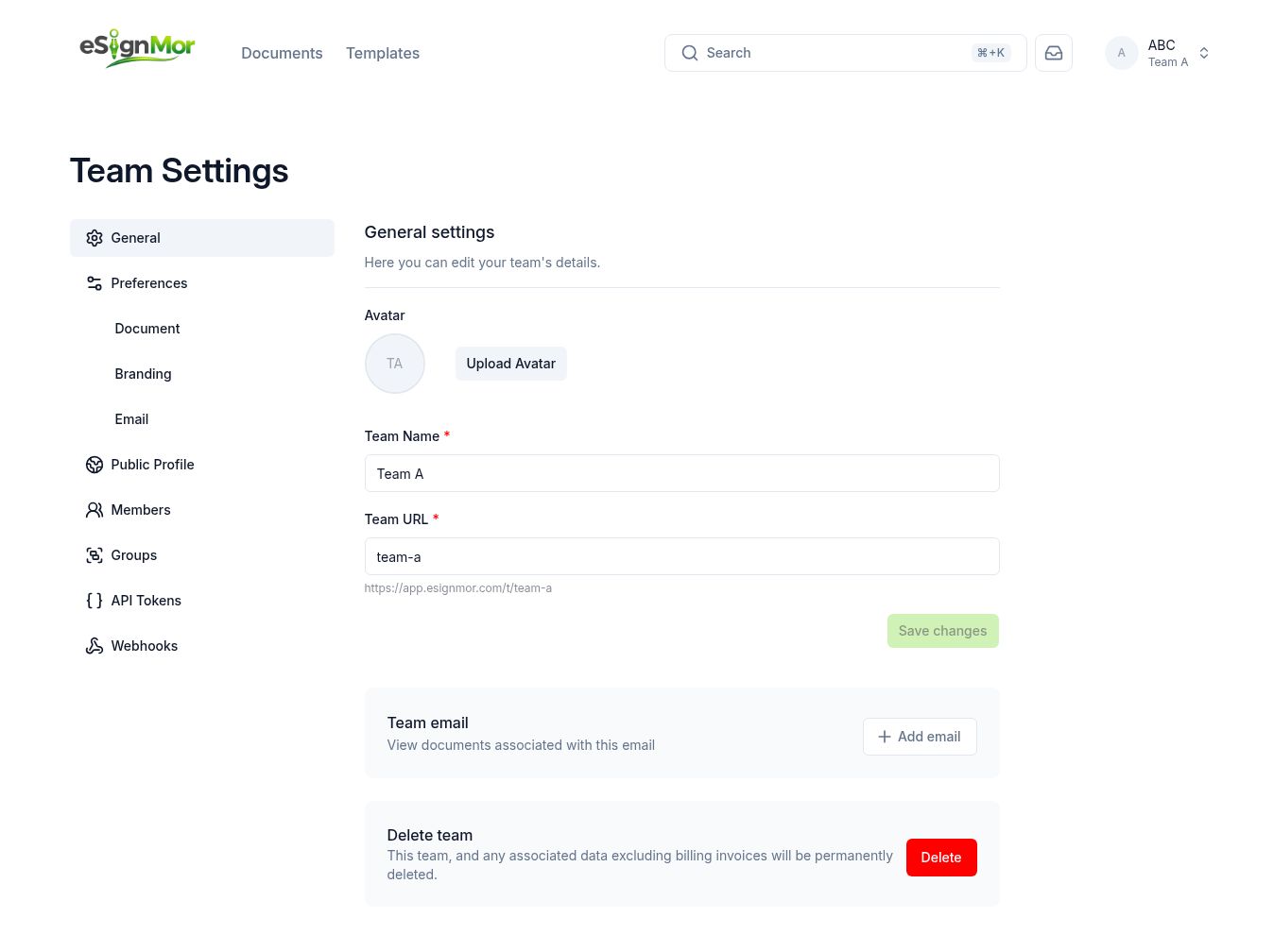 eSignMor team general settings