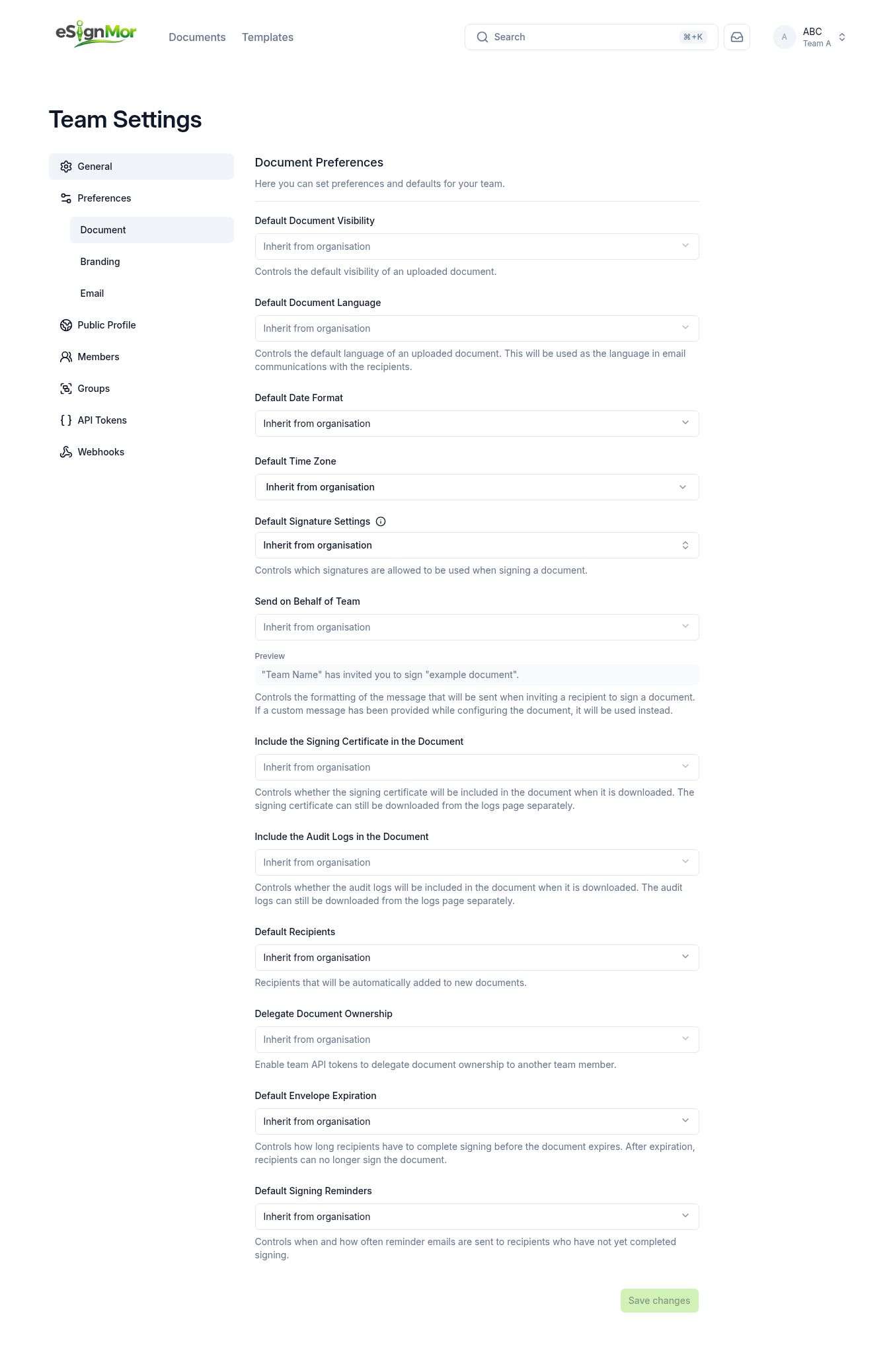 Team document settings inheritance