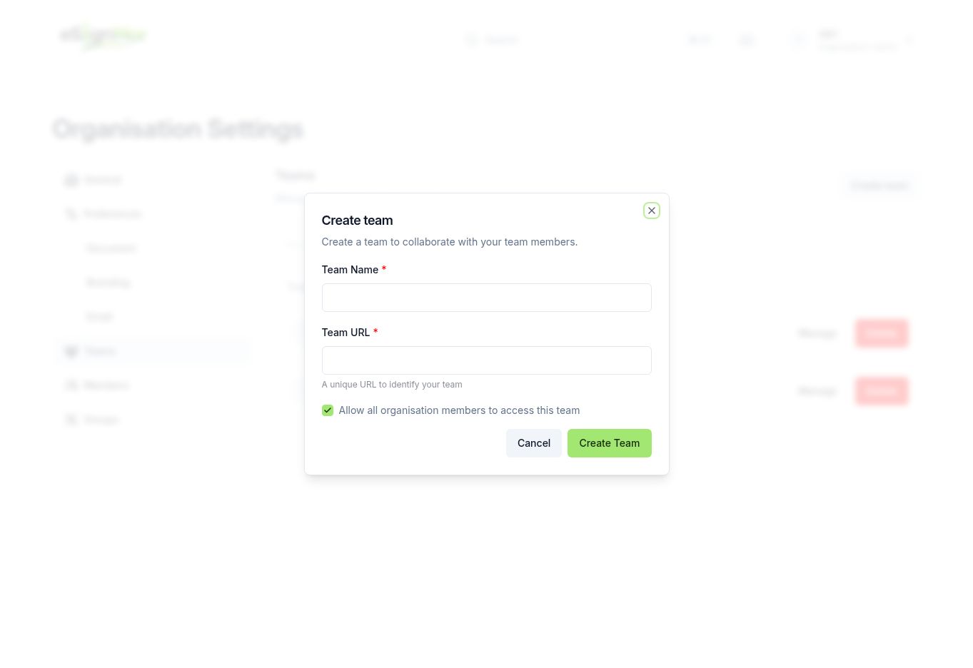 Create team dialog in eSignMor