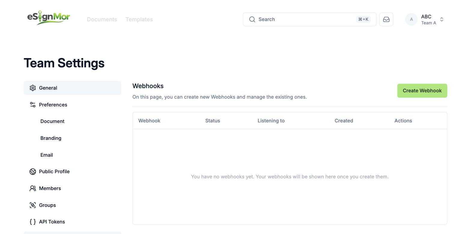 Team webhooks page